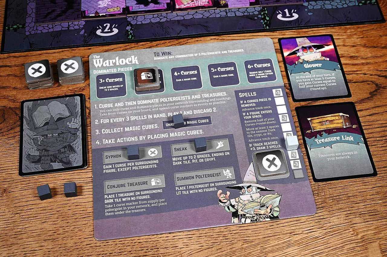 Vast The Mysterious Manor board game with cards, cubes, and tokens shown.