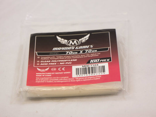Small Square Card Sleeves, 70x70mm, pack of 100 in clear packaging on white background.