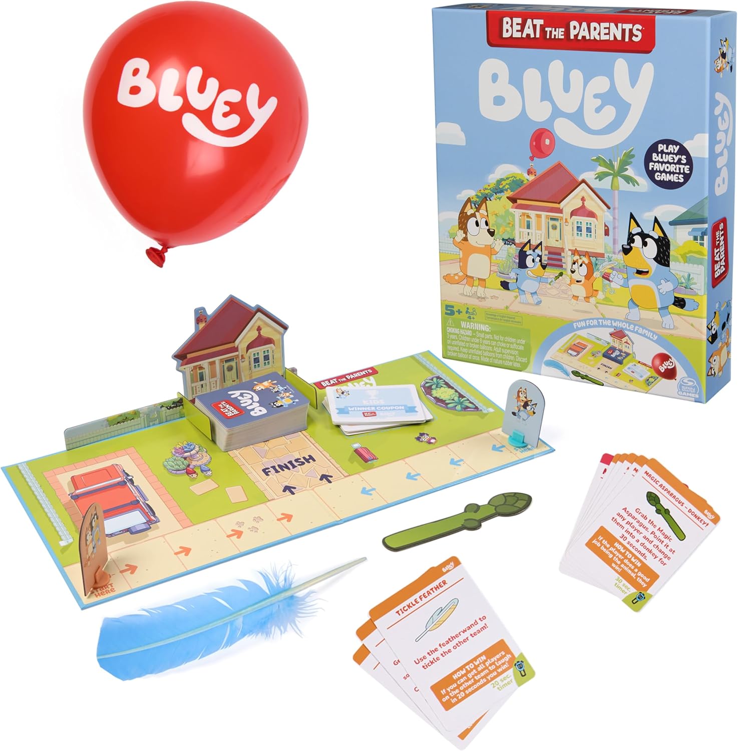 Bluey Beat the Parents board game set with cards, balloon, feather, and box.