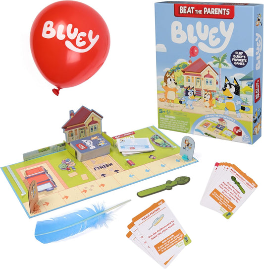 Bluey Beat the Parents board game set with cards, balloon, feather, and box.