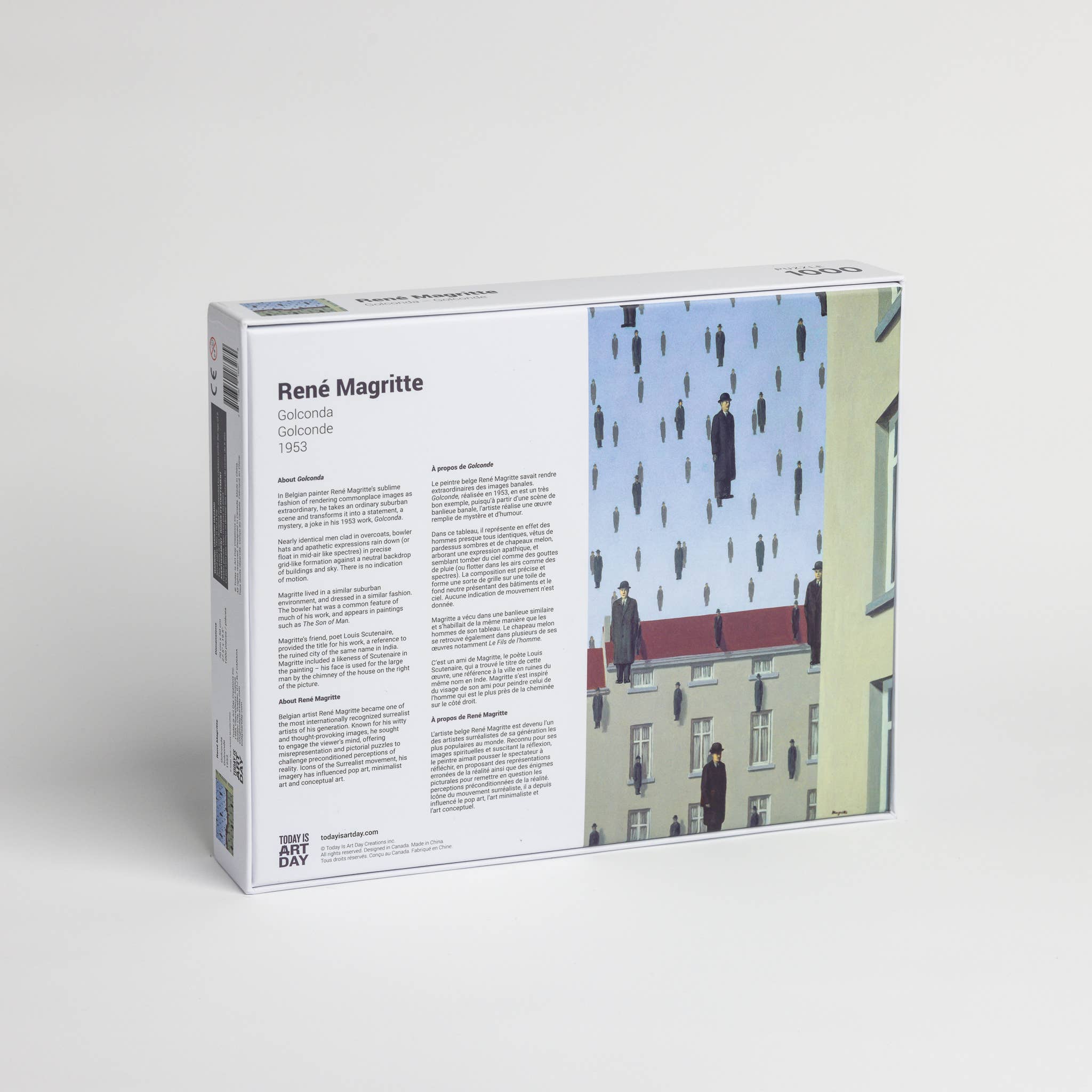 Back of 1000-piece René Magritte Golconda puzzle with artwork of men raining over buildings and descriptive text.