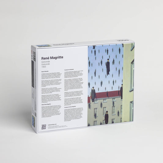 Back of 1000-piece René Magritte Golconda puzzle with artwork of men raining over buildings and descriptive text.