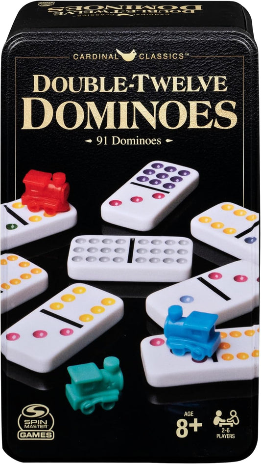 Double Twelve Dominoes set in a tin box with colorful plastic trains and domino tiles visible on the lid.