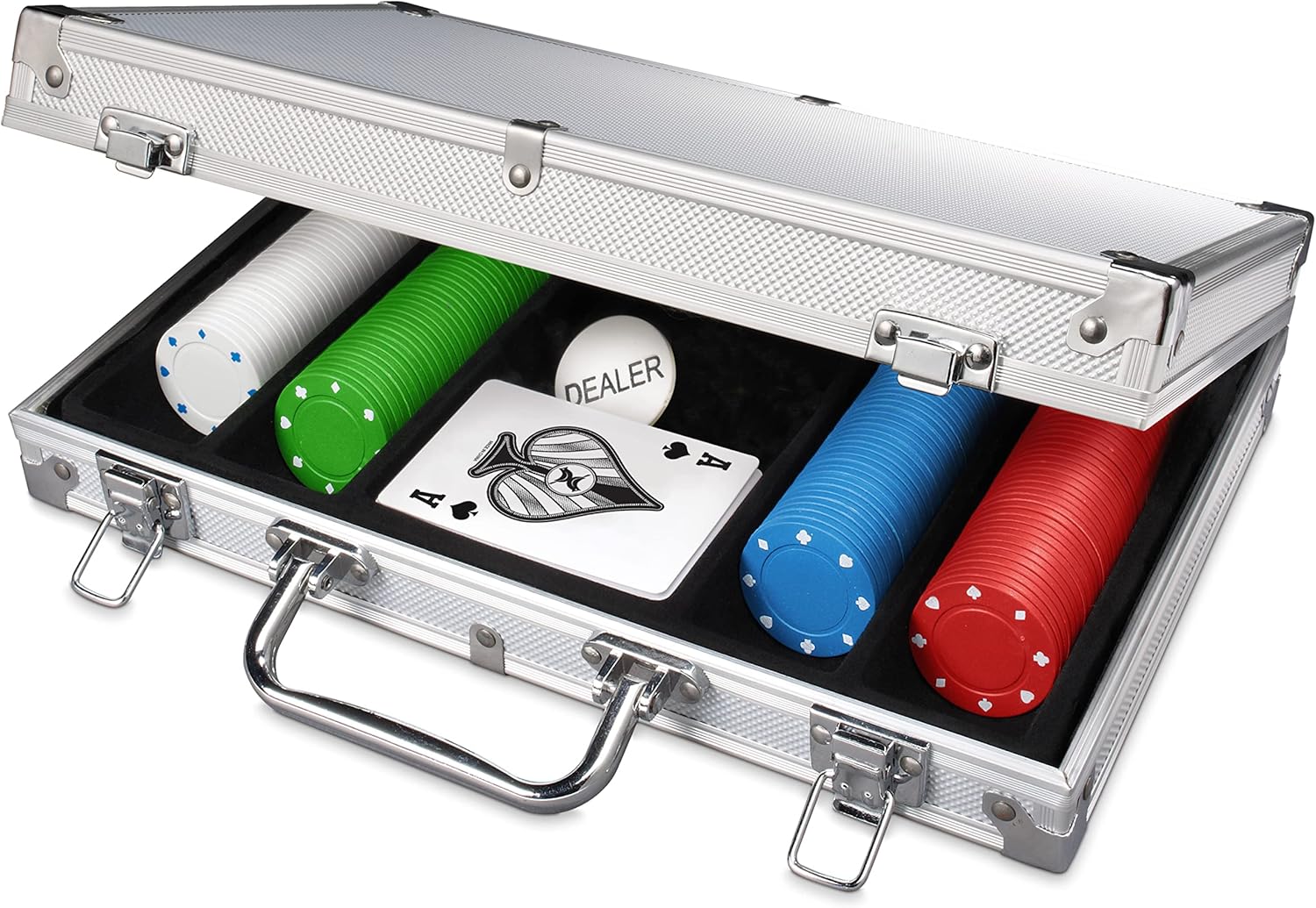 CARDINAL CLASSICS 200pc Poker Set with Texas Hold Em chips, playing cards, and dealer button in open case.