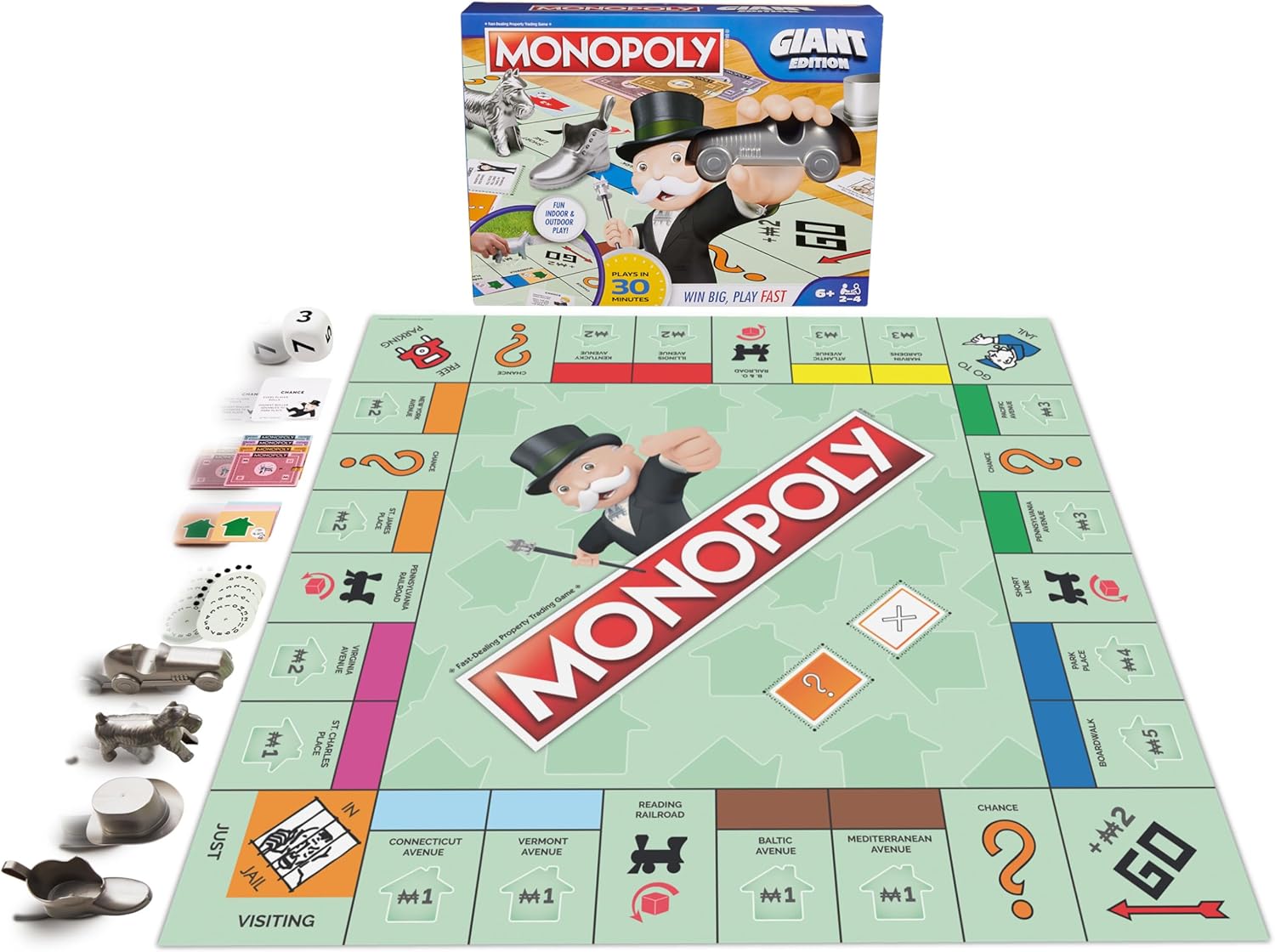 Giant Monopoly outdoor board game set with cards, tokens, dice, and box.