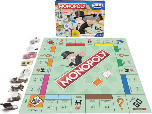 Giant Monopoly outdoor board game set with cards, tokens, dice, and box.