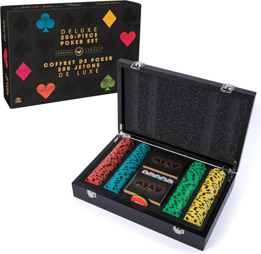 Cardinal Legacy Deluxe 200-Piece Poker Set with black case, poker chips, cards, and dice.