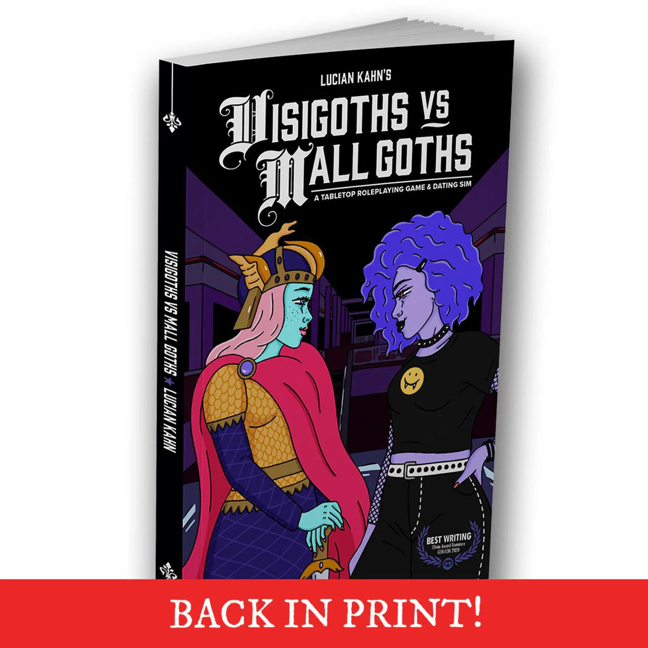 Visigoths vs Mall Goths tabletop RPG book cover with Back in Print at the bottom.