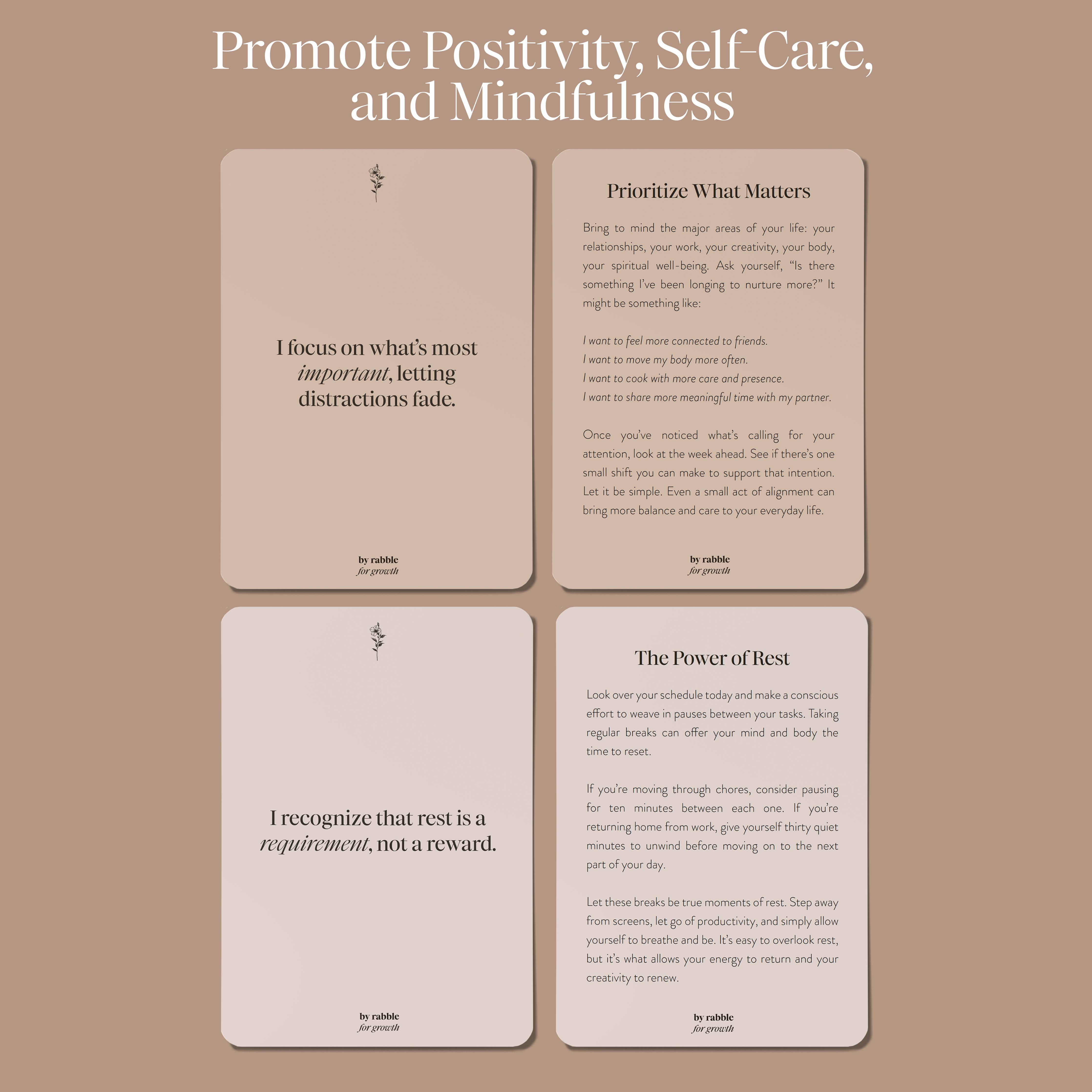 Self-Care & Affirmations cards featuring tips on positivity, self-care, affirmations, priorities, and rest.