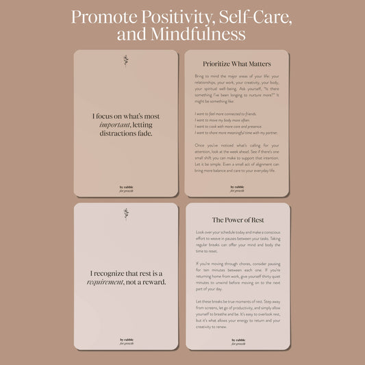 Self-Care & Affirmations cards featuring tips on positivity, self-care, affirmations, priorities, and rest.