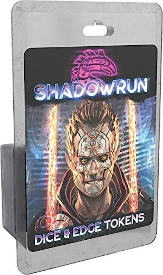 Shadowrun Dice & Edge Tokens set with cyberpunk character design, neon effects, and glowing tattoos.
