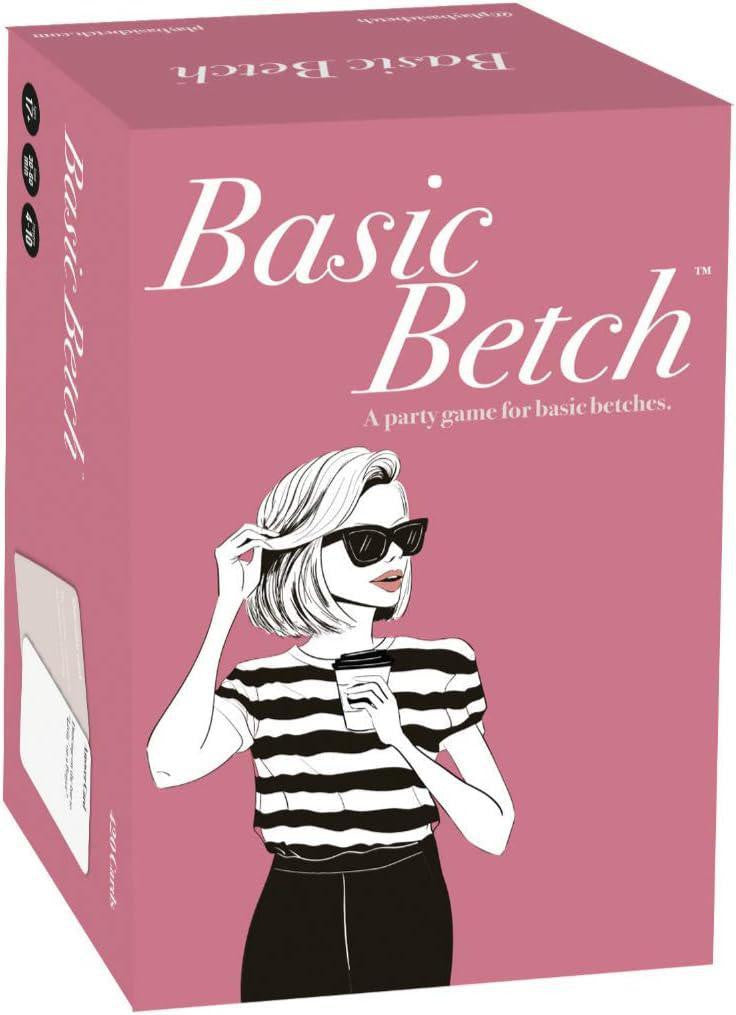 Pink box of Basic Betch Base Game party card game, featuring illustrated art on packaging.