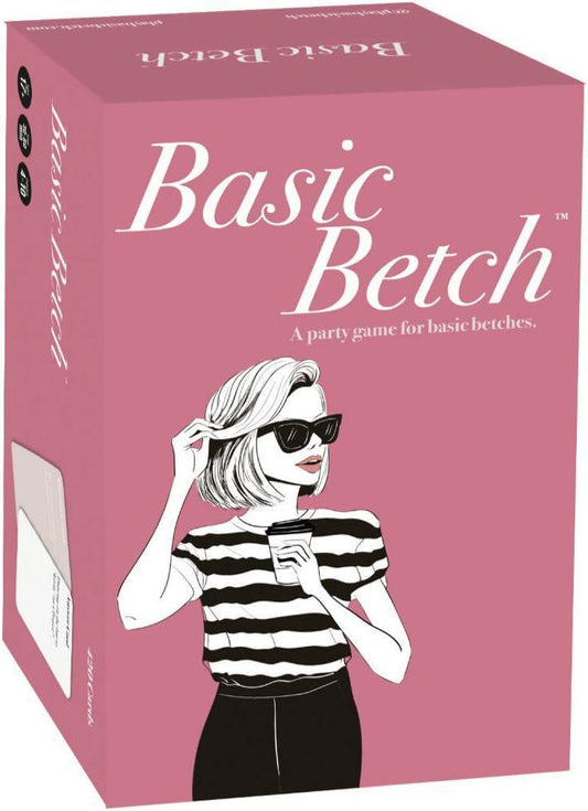 Pink box of Basic Betch Base Game party card game, featuring illustrated art on packaging.