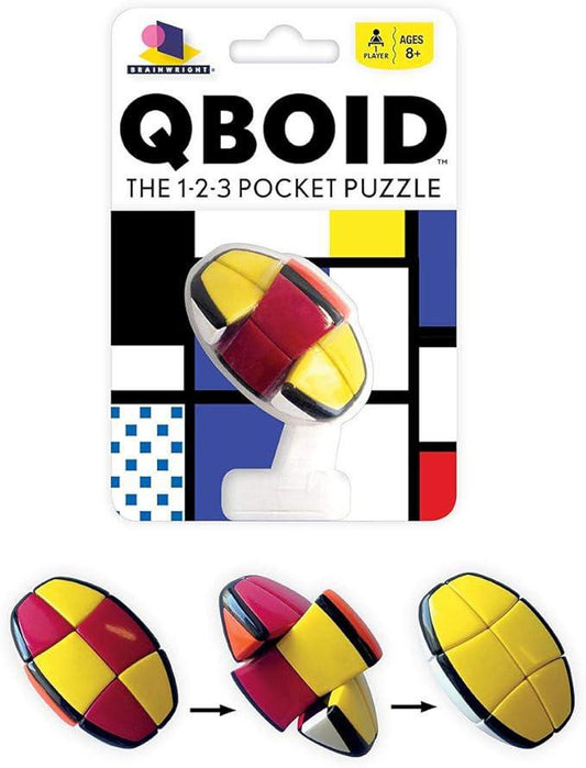 Qboid 1-2-3 pocket brain teaser in yellow, red, and black shown both in packaging and twisted into a puzzle shape.