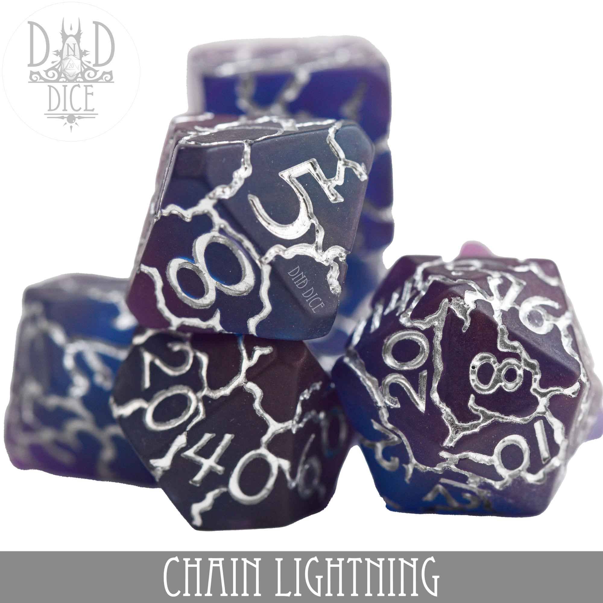 Chain Lightning frosted dice set with purple resin dice and silver lightning accents.
