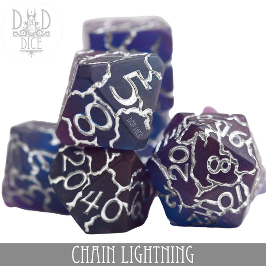 Chain Lightning frosted dice set with purple resin dice and silver lightning accents.