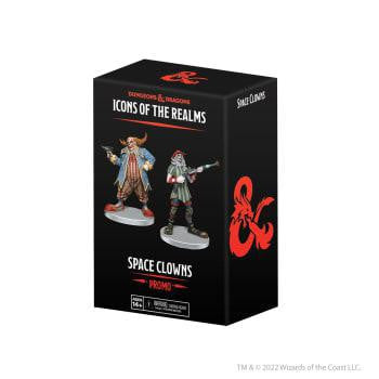 D&D Icons of the Realms Spelljammer Space Clowns Promo Box with two painted clown miniatures.