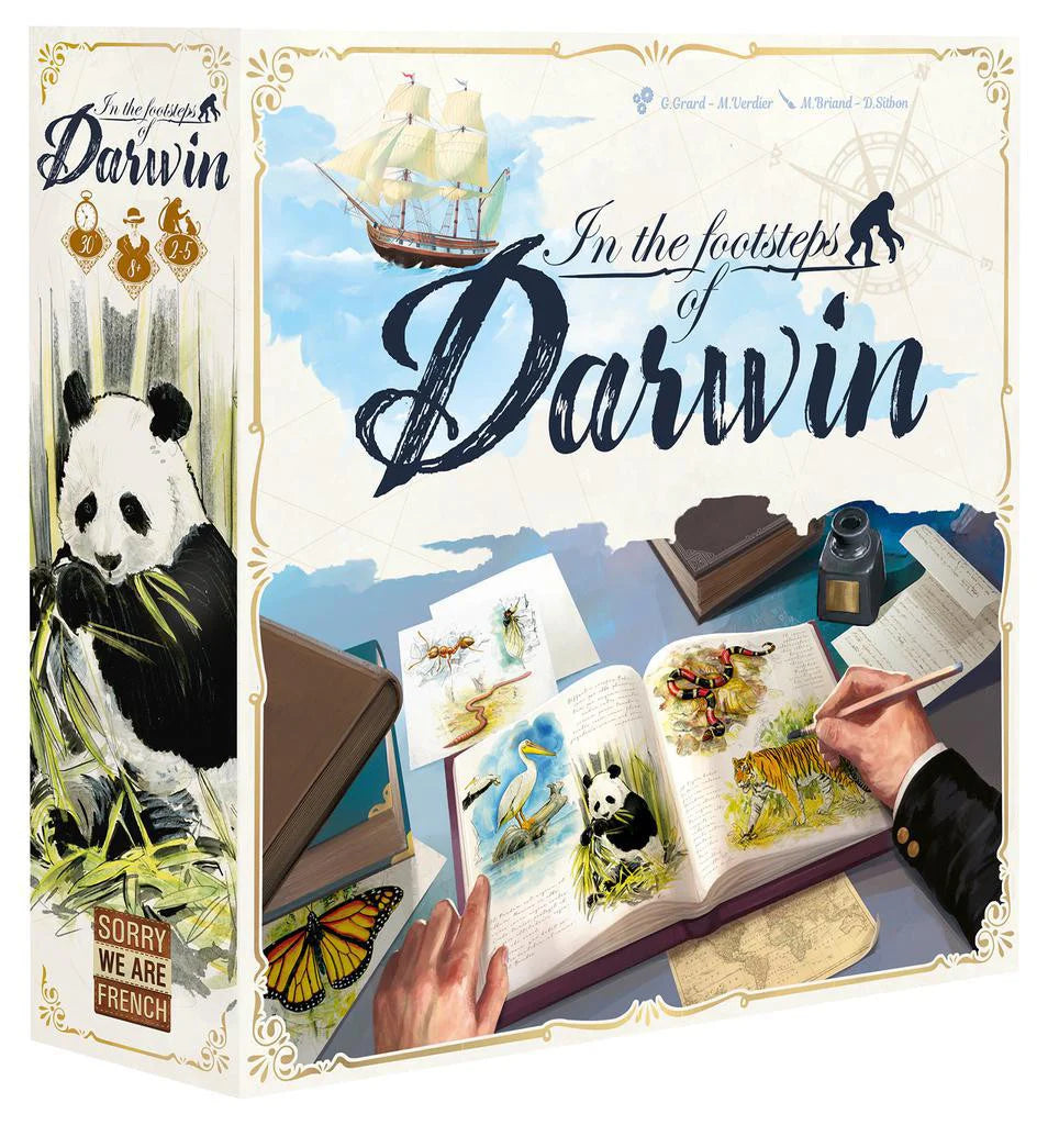 In the Footsteps of Darwin board game with animal illustrations, a panda, and an open journal on the cover.