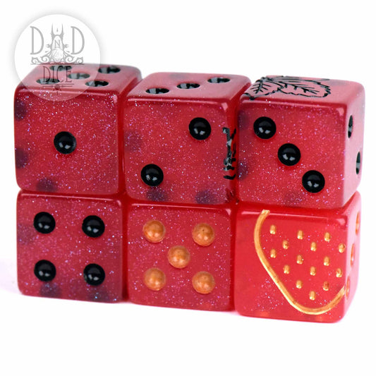 Strawberry Patch 6D6, set of six red resin dice with gold, black, and orange pips and strawberry plant motifs.