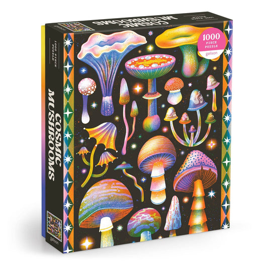 Cosmic Mushrooms 1000 piece puzzle featuring psychedelic mushrooms on a black, starry background.