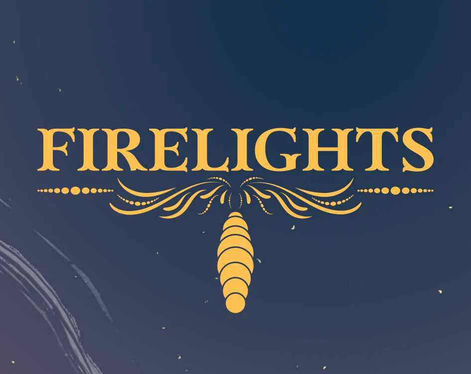 Firelights game title in yellow with firefly motif on dark blue background, referencing a Metroidvania RPG.