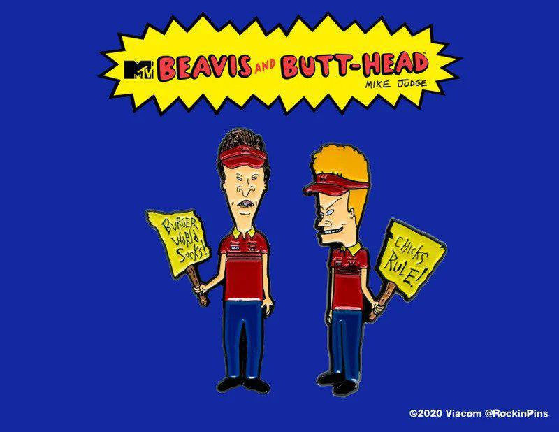 Beavis and Butthead Burger World enamel pin featuring both characters holding yellow signs with different slogans.