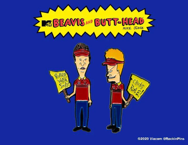 Beavis and Butthead Burger World 2 soft enamel pin with both characters holding signs on a blue background.