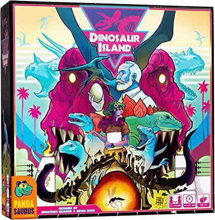 Dinosaur Island board game box with illustrations of dinosaurs, scientists, park staff, and neon DNA sequencing graphics.