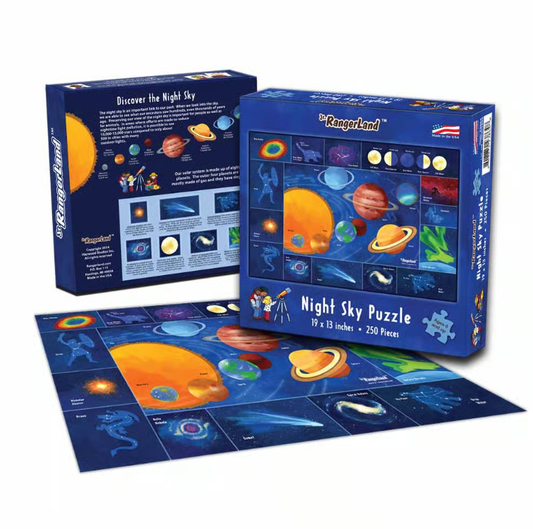Jr. Rangerland Night Sky Puzzle, 48 pieces, with planets, stars, and space objects on a dark blue background.