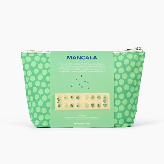 Canvas Classics Mancala set with green polka dot zippered pouch and travel game card.