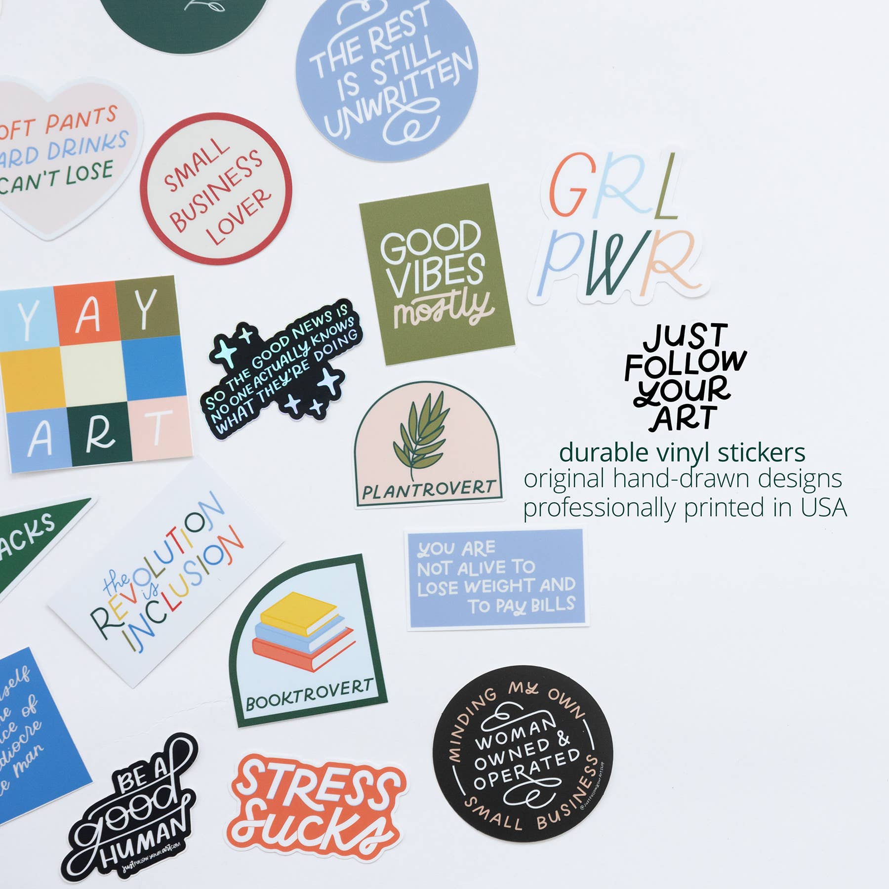Assorted Season’s Treatings vinyl holiday stickers with hand-drawn designs.