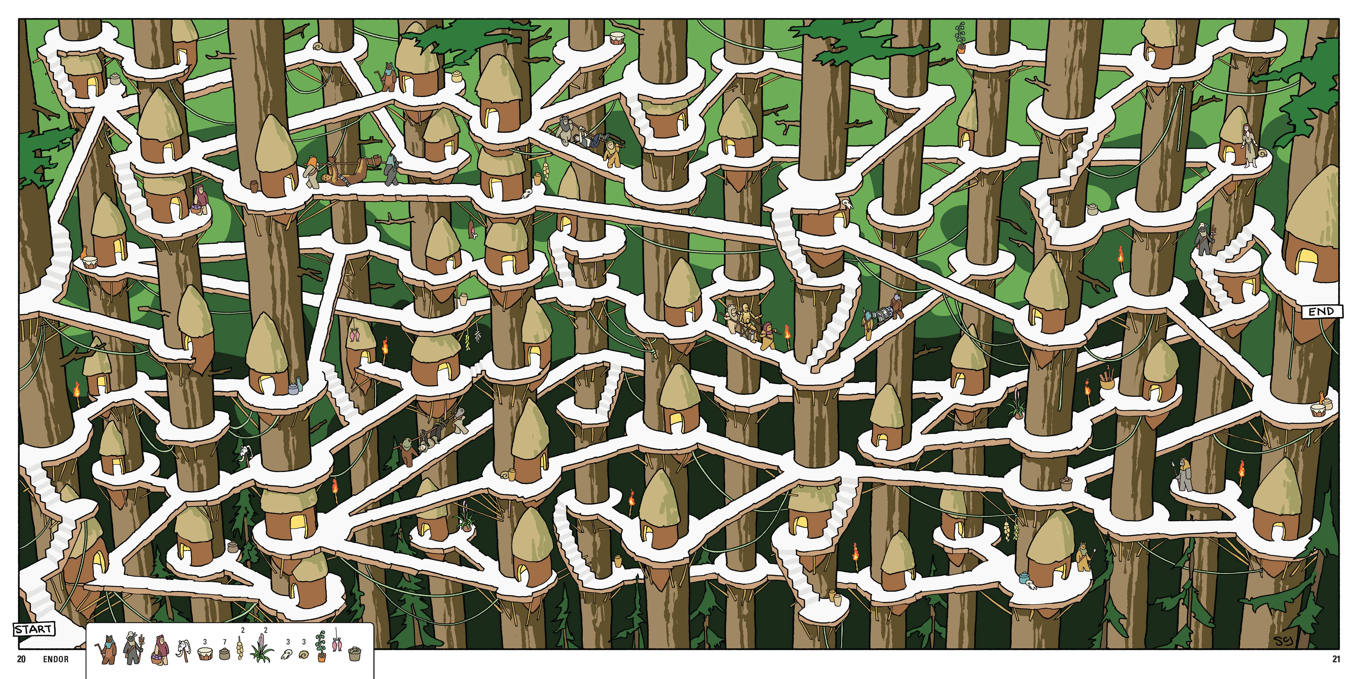 Star Wars Mazes book featuring tree houses connected by walkways, maze illustrations, and marked endpoints.