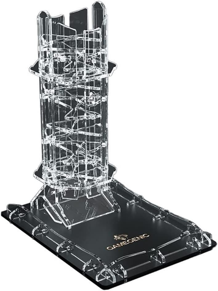 Gamegenic Crystal Twister Premium Dice Tower with a black base.