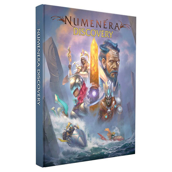 Numenera: Discovery book cover with futuristic figures, glowing symbols, and a crystalline structure.