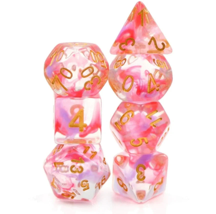 Clematis Edda RPG Dice Set with six pink and white marbled resin dice featuring gold numbers, arranged in two columns.