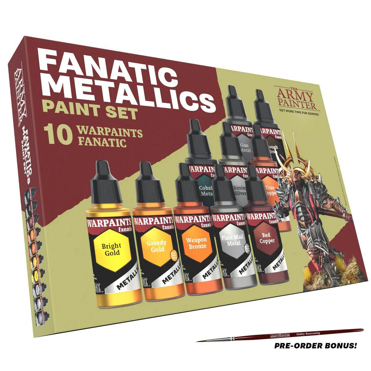 Warpaints Fanatic: Metallics Paint Set with 10 miniature paints and a bonus brush included in each box.