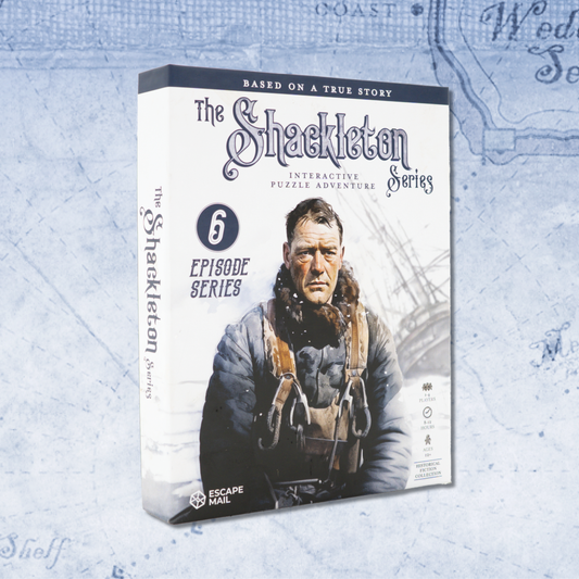 Box for Shackleton Series: Escape Game based on a true story with explorer in cold-weather gear on cover.