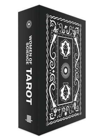 Black Women of Science Tarot card box with white patterns, featuring women in STEM fields.