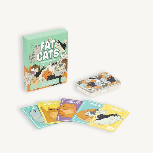 Fat Cats card game box and cards with illustrated cats displaying different expressions and actions.