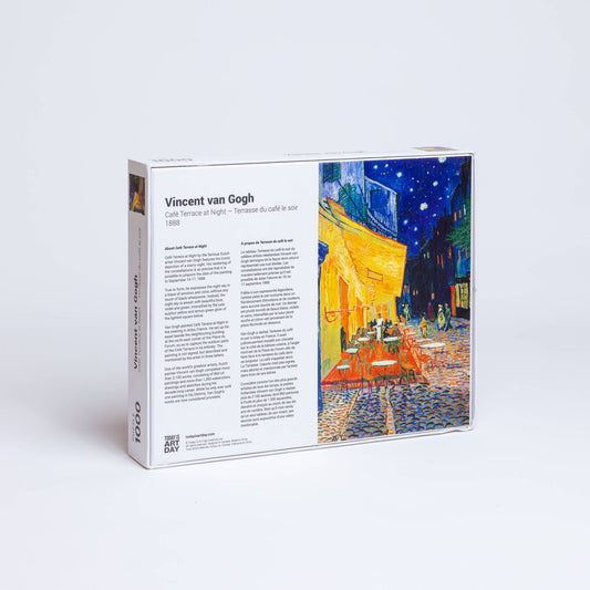 Vincent van Gogh Cafe Terrace 1000-piece puzzle with artwork and painting information on the back.