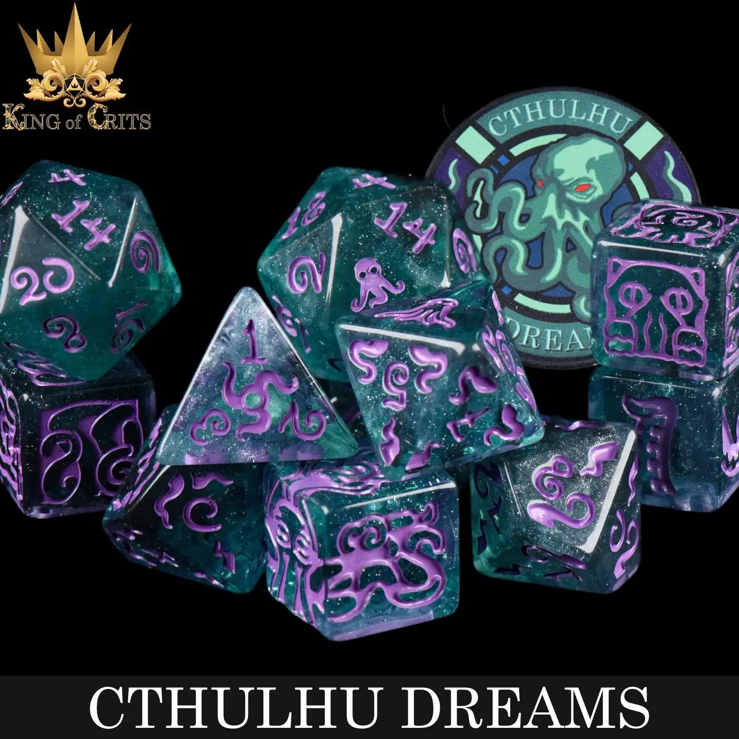 Cthulhu Dreams 11 Dice Set with teal glitter dice, pink Cthulhu designs, and a matching ceramic poker chip.