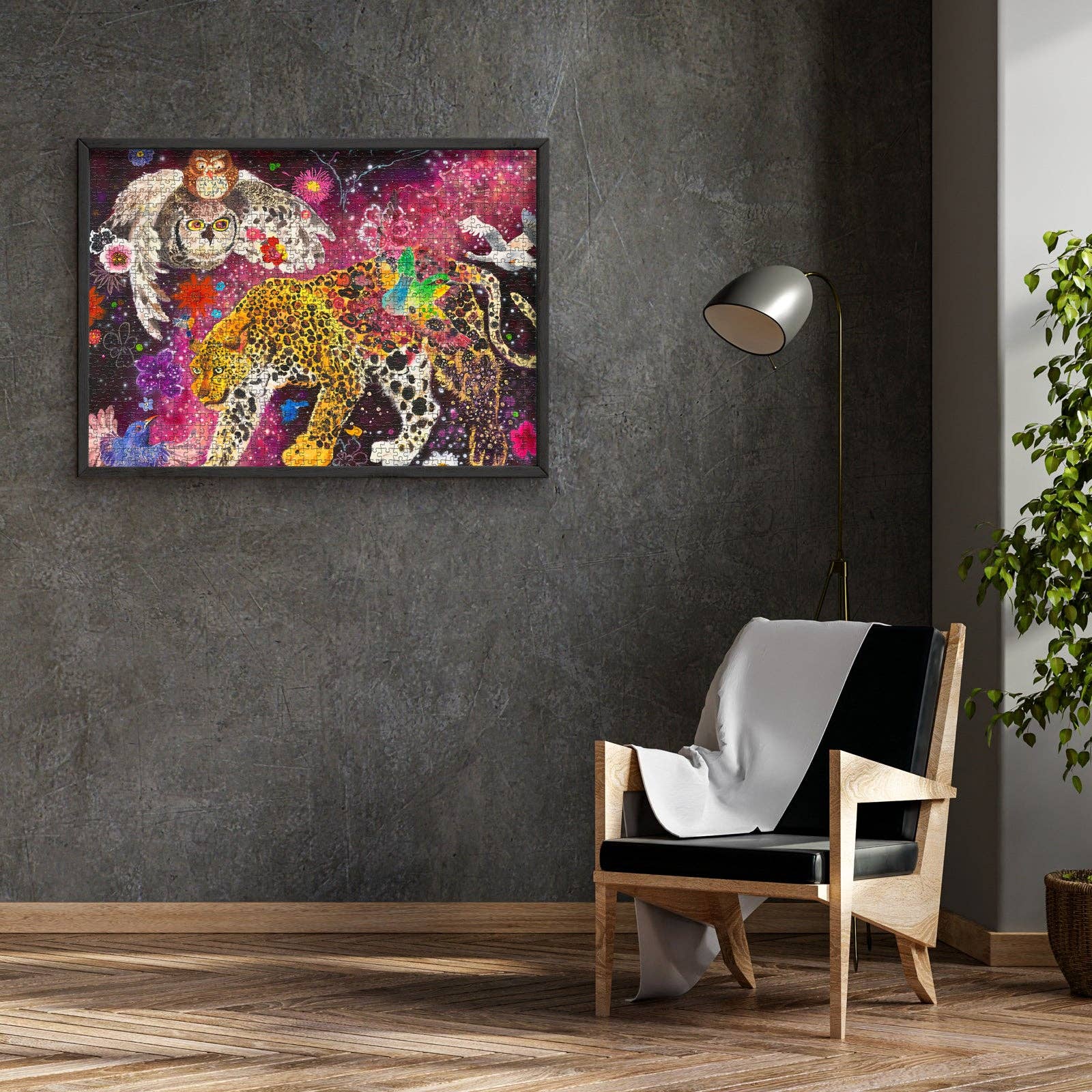Cosmic Animals 1000 Piece Jigsaw Puzzle displayed framed on a wall above an armchair.
