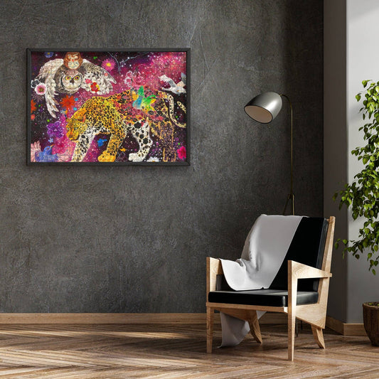 Cosmic Animals 1000 Piece Jigsaw Puzzle displayed framed on a wall above an armchair.