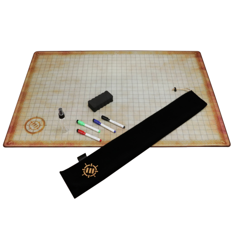 The Enhanced: Deluxe RPG Grid Mat Kit with gridded mat, markers, spray bottle, eraser, and black storage pouch.