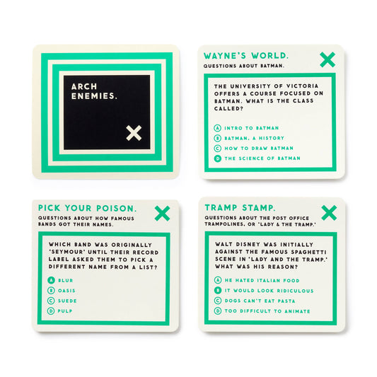 Incredibly Pointless Trivia set with four cards featuring questions on Batman, Brass Monkey, Disney films, and post office.