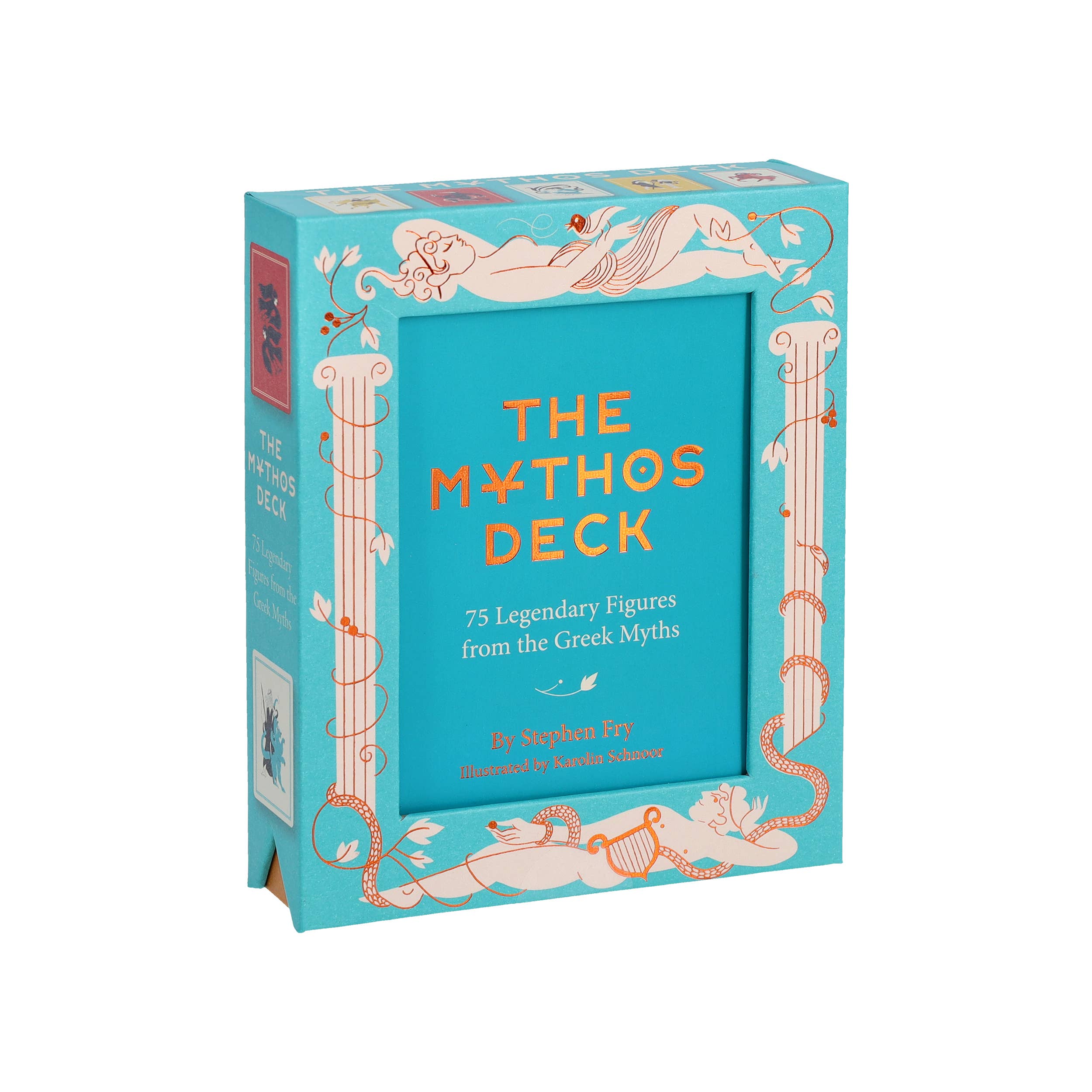 Mythos Deck box in turquoise containing 75 legendary Greek mythology cards.
