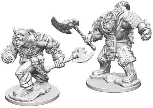 D&D: NMU: Orcs W1 set with two unpainted orc miniatures on round bases for tabletop RPGs.