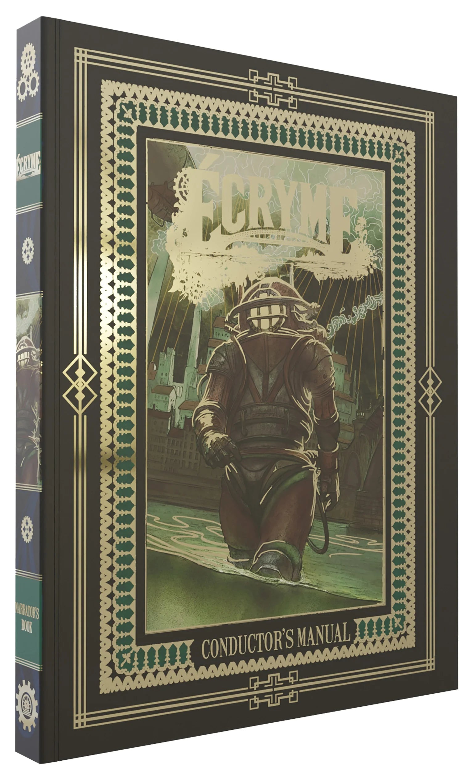 The Ecryme Conductors Manual steampunk TTRPG guide with gold accents and a detailed figure on the cover.