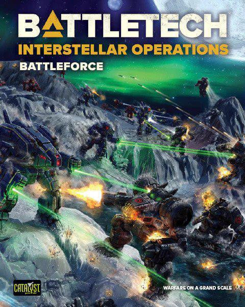 BattleTech: Interstellar Operations Battleforce cover featuring mechs battling on a rocky alien landscape.