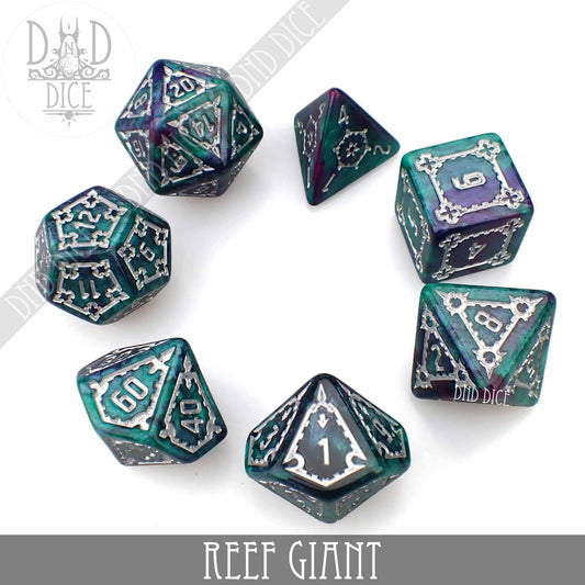 Reef Giant (Oversize) 7-dice set in teal and purple resin with silver numbers.